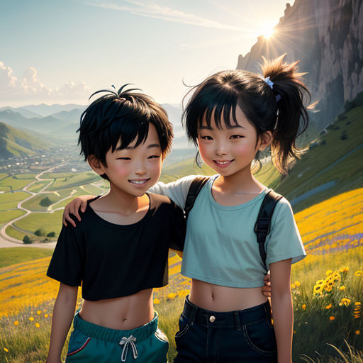 two young girls standing next to each other in a field of flowers and grass with a mountain in the background