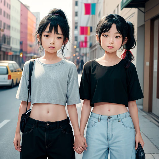 two young girls holding hands while walking down a street in a city with tall buildings in the background and a yellow taxi cab
