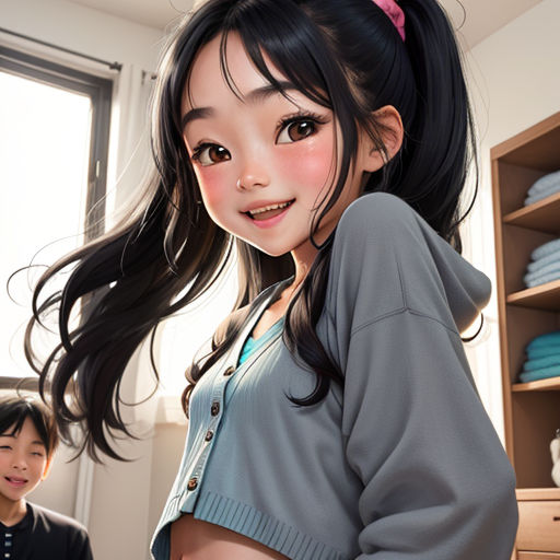 a cartoon girl with long hair standing next to a boy in a room with shelves and a window with a curtain