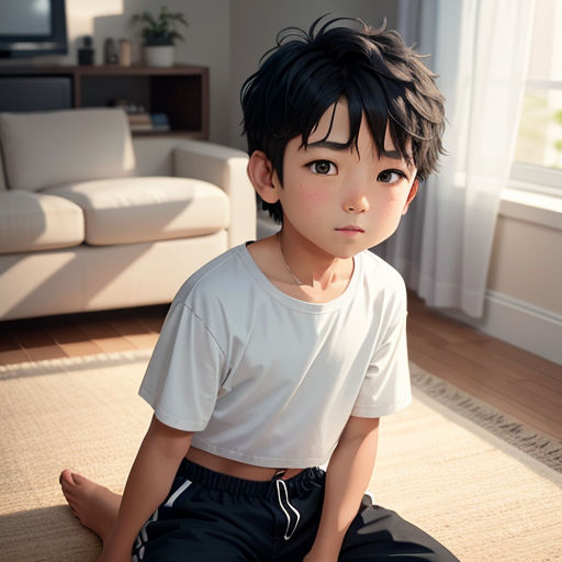 a boy sitting on the floor in a living room with a couch and a window behind him, looking at the camera