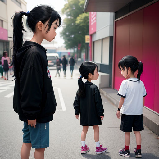a group of young children standing on a street corner next to a building with a pink wall behind them