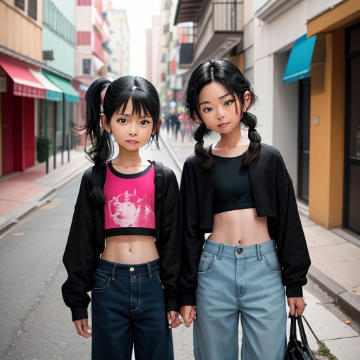 two young girls standing on a street holding hands and looking at the camera with a city street in the background