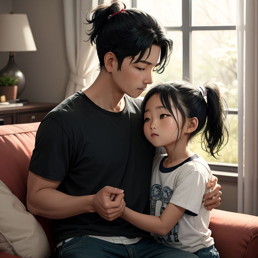 a man and a little girl sitting on a couch together, hugging each other, with a window in the background