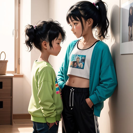 two young girls standing next to each other near a wall with pictures on it and a basket on the floor