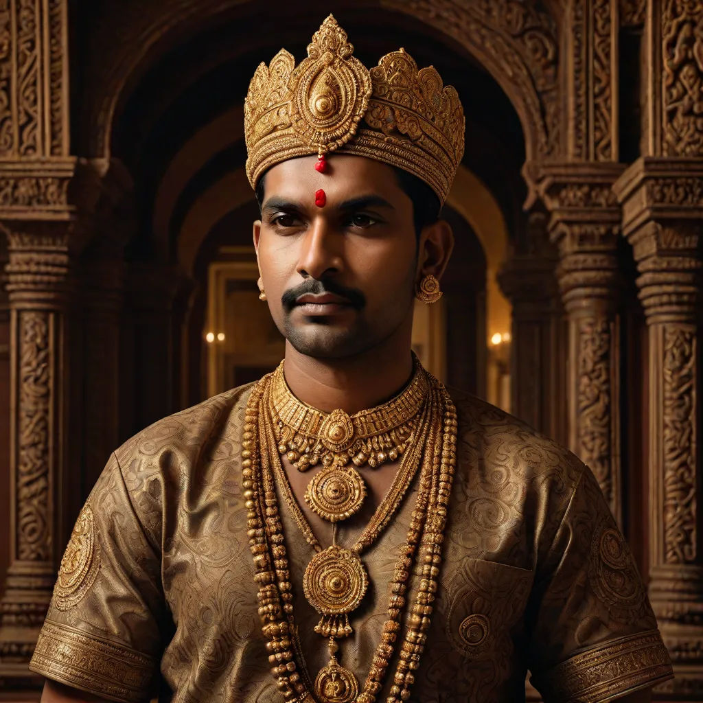 a man in a golden outfit with a gold necklace and a gold crown on his head and a red nose ring, samikshavad, a detailed matte painting, Bholekar Srihari, jayison devadas