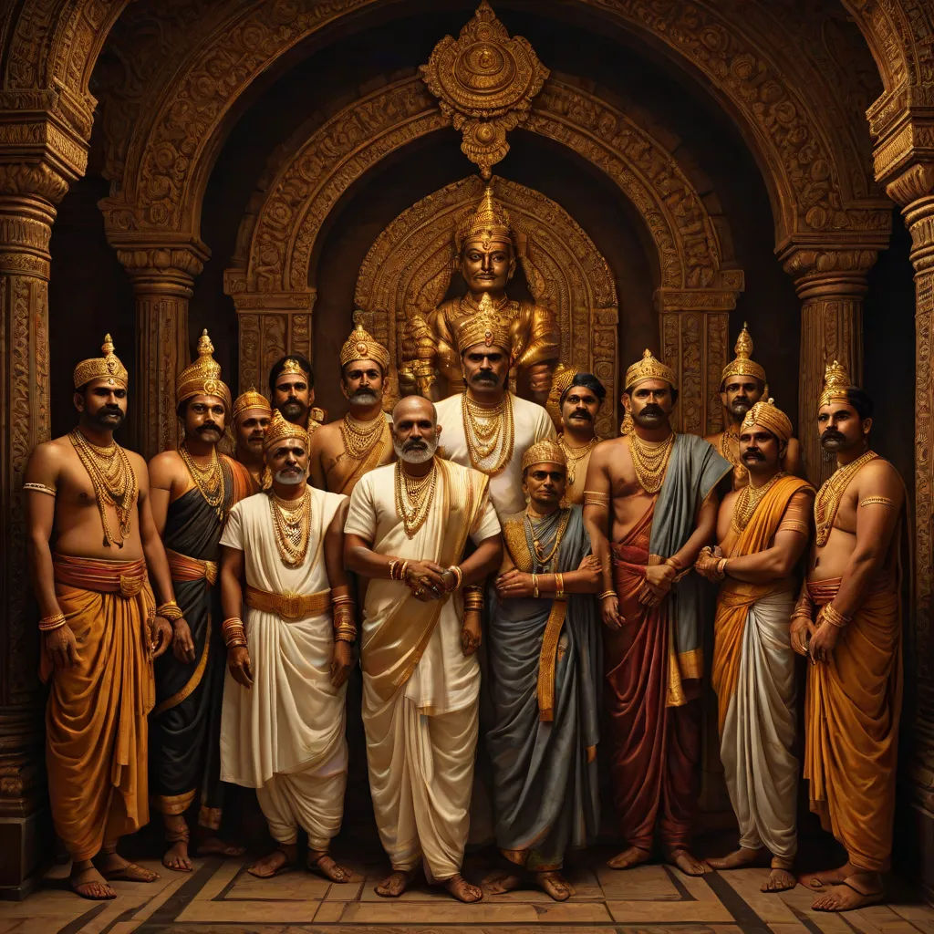 a group of men standing next to each other in front of a statue of a buddha and other men, samikshavad, a detailed matte painting, Bholekar Srihari, promotional image