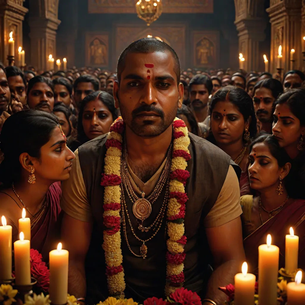 a man surrounded by people with candles in front of him and a woman in the background looking at him, samikshavad, a character portrait, Bholekar Srihari, movie still
