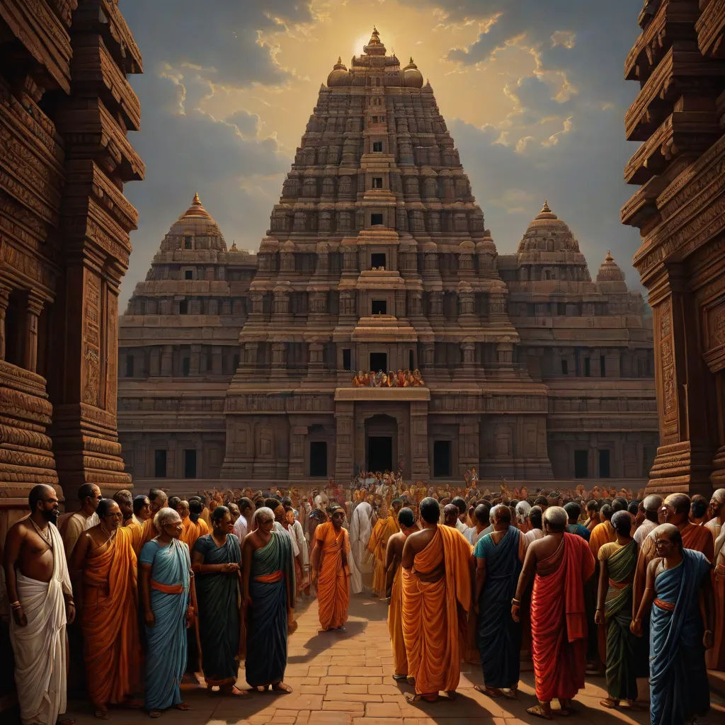 a painting of a group of people standing in front of a temple with a sky background and clouds in the sky, bengal school of art, a detailed matte painting, Christophe Vacher, cinematic matte painting