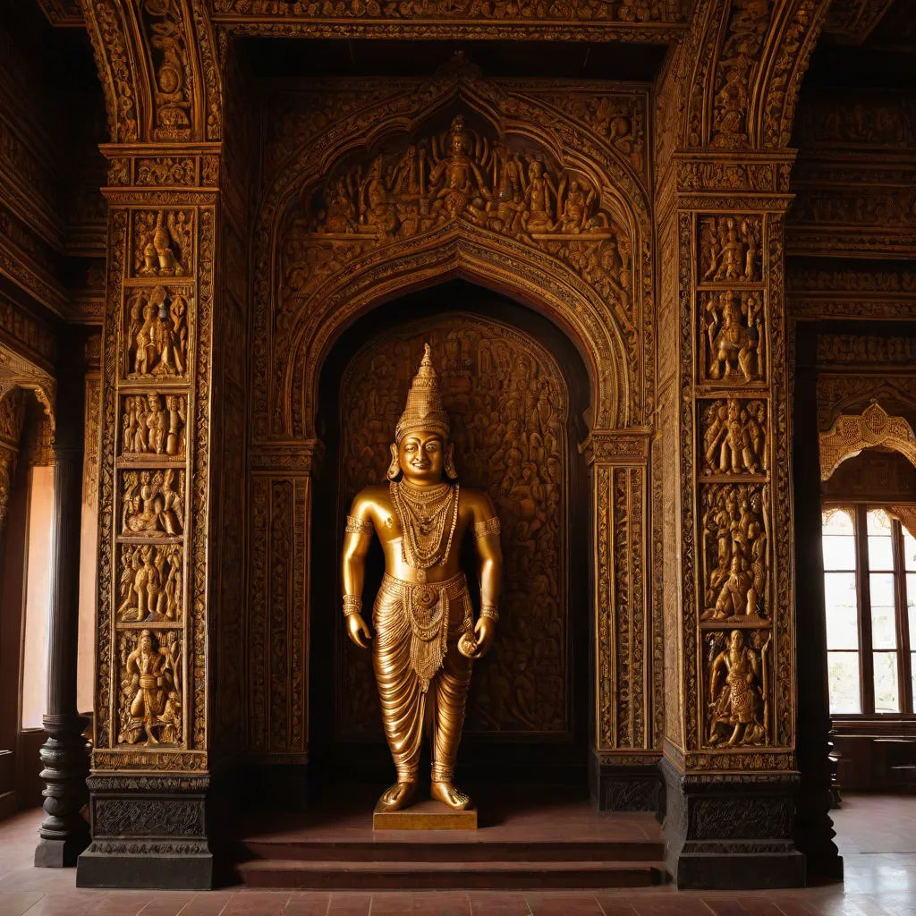 a golden statue in a large room with a window in the background and a doorway in the middle of the room, samikshavad, a bronze sculpture, Bholekar Srihari, highly detailed and intricate