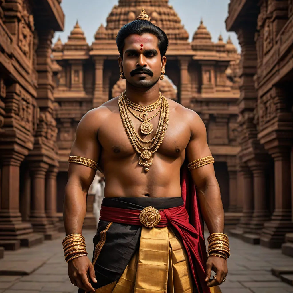 a man in a costume standing in front of a building with a large gold chain around his neck and chest, samikshavad, a character portrait, Bholekar Srihari, movie still