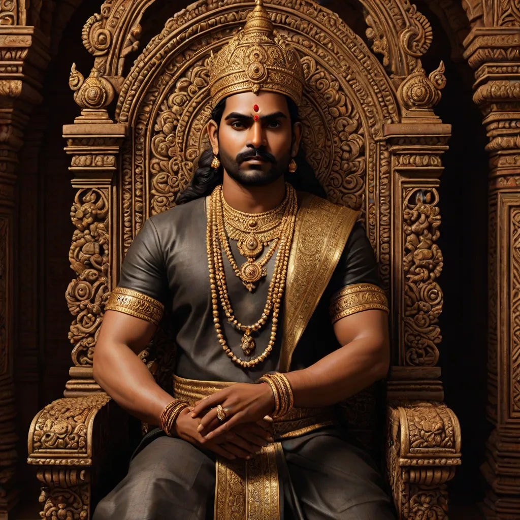 a man in a golden outfit sitting on a throne with a gold chain around his neck and a gold necklace around his neck, samikshavad, a bronze sculpture, Bholekar Srihari, movie still