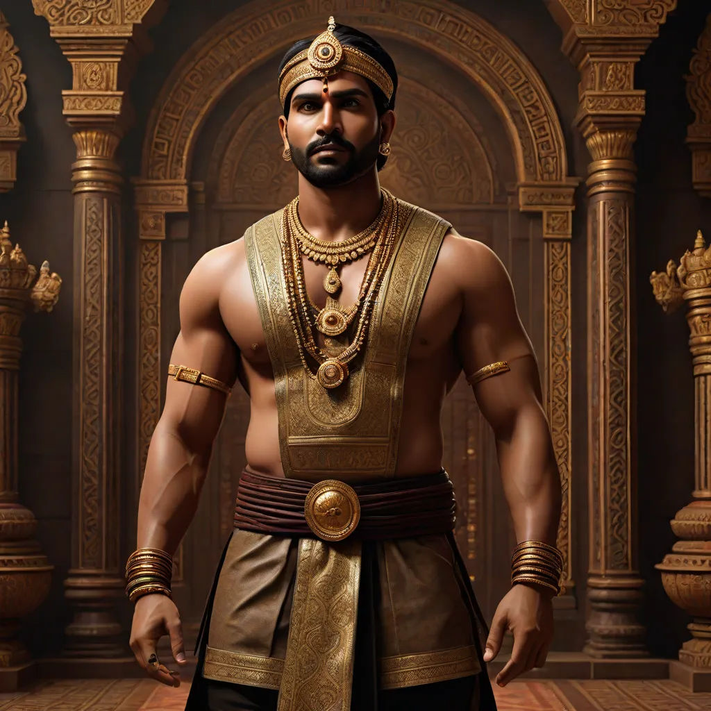 a man in a golden outfit standing in a room with columns and pillars in the background, wearing a gold necklace and a gold necklace, samikshavad, a detailed matte painting, Bholekar Srihari, promotional image