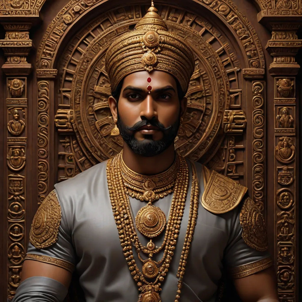 a man in a costume with a beard and a mustache is standing in front of a wall with a gold decoration, samikshavad, a bronze sculpture, Bholekar Srihari, jayison devadas