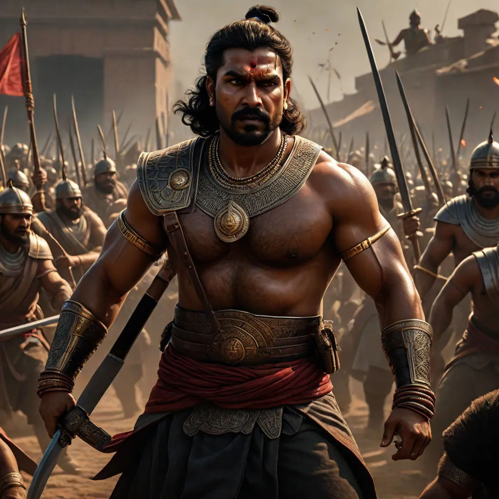 a man in a costume of a warrior with a sword and other men in armor in the background of a battle, samikshavad, a detailed matte painting, Bholekar Srihari, movie still