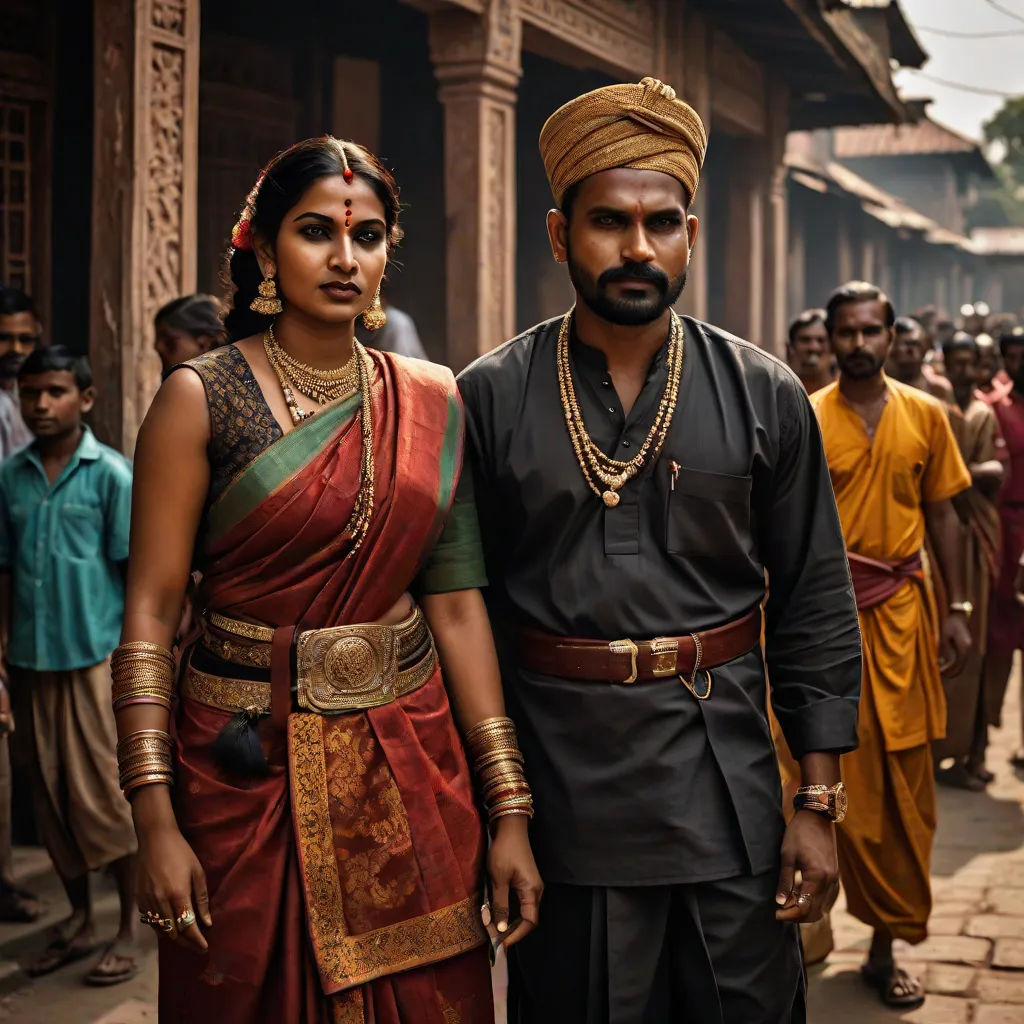 a man and woman in traditional indian garb walking down a street together in front of a crowd of people, samikshavad, a detailed matte painting, Bholekar Srihari, movie still