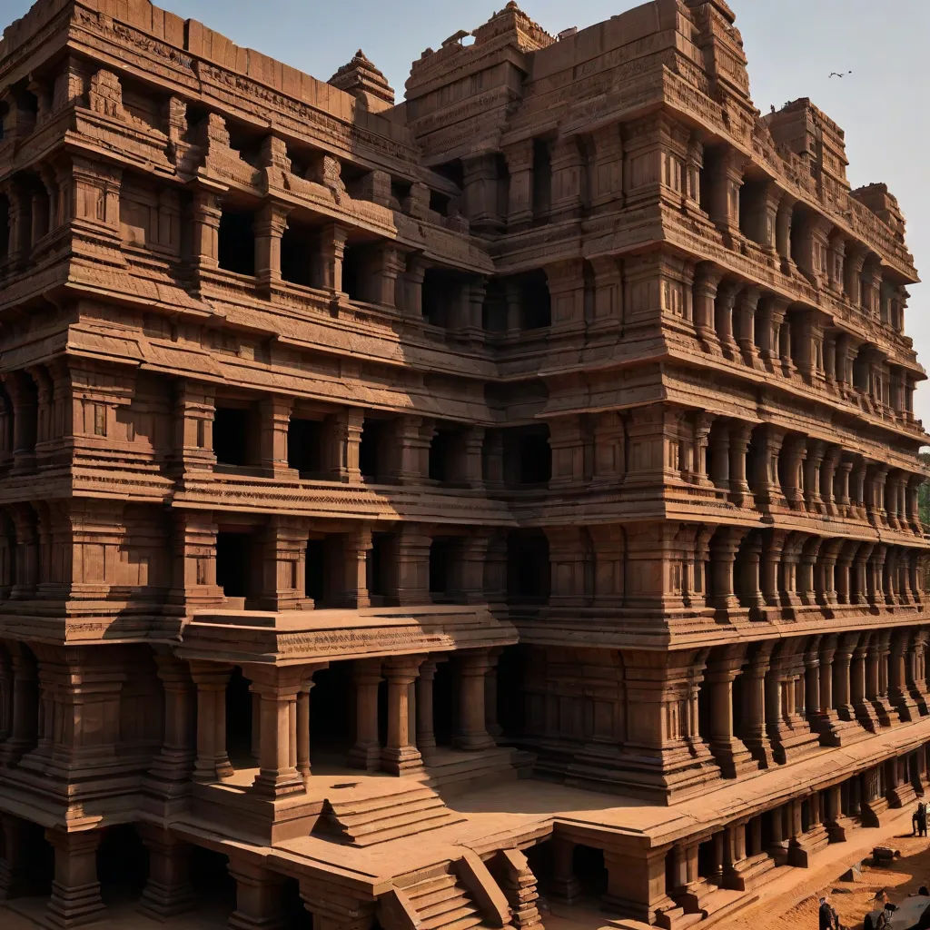 a large building made of clay with a sky background in the background and a few people standing around it, samikshavad, a detailed matte painting, Beeple, matte painting