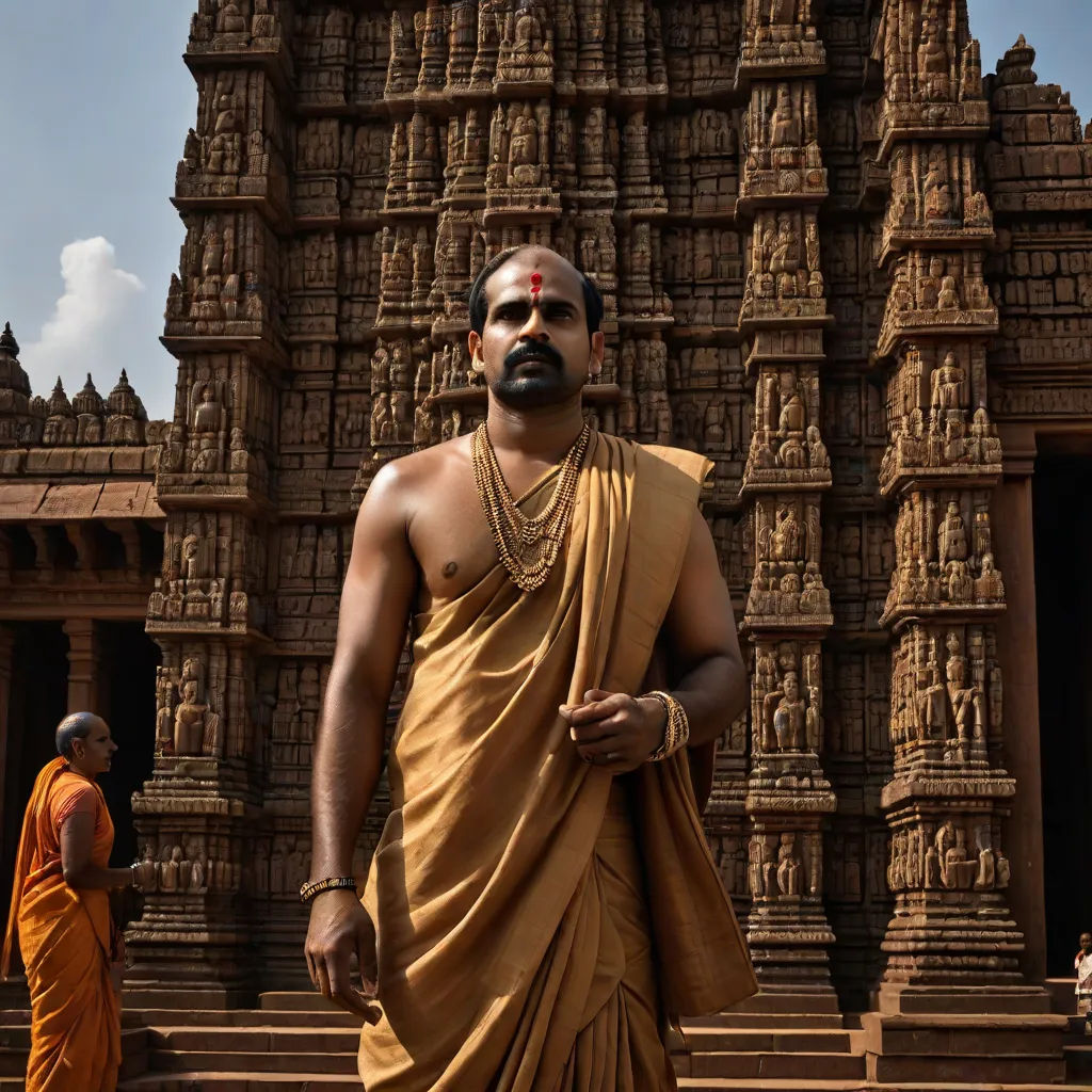 a man in a golden outfit standing in front of a temple with a beard and a beard on his head, samikshavad, a detailed matte painting, Bholekar Srihari, movie still