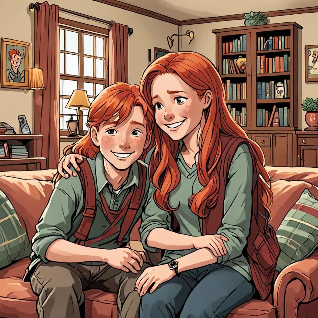 a couple of people sitting on top of a couch in a living room next to a book shelf and a window, verdadism, a storybook illustration, Brothers Hildebrandt, official art