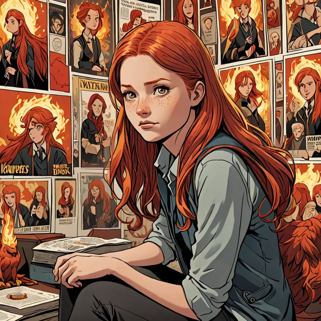 a girl sitting in front of a wall of comics and pictures of her characters and their names on them, context art, a comic book panel, Artgerm, comic cover art
