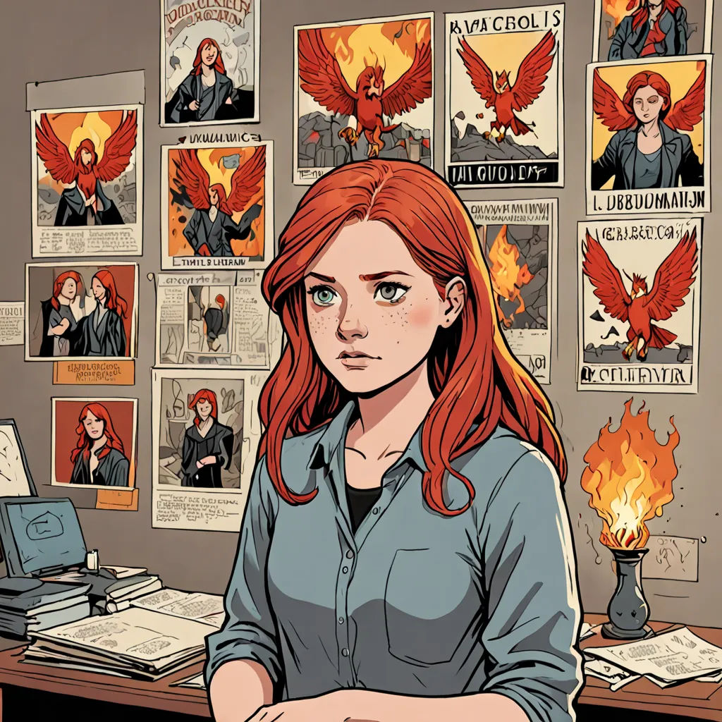 a woman sitting at a desk with a laptop computer in front of her and a bunch of posters on the wall behind her, process art, a comic book panel, Clarice Beckett, comic cover art