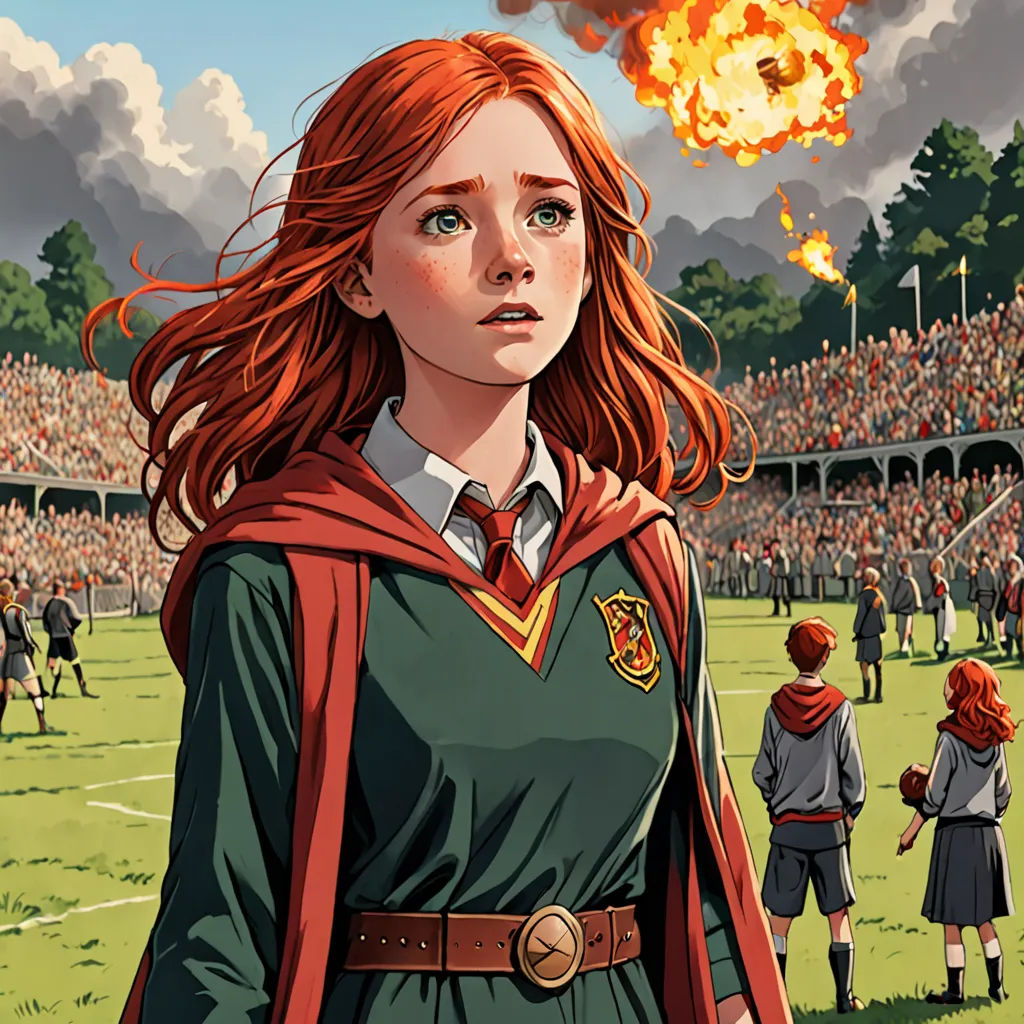 a woman in a green dress standing in front of a crowd of people with a fireball in her hand, sots art, a comic book panel, Caroline Chariot-Dayez, official art