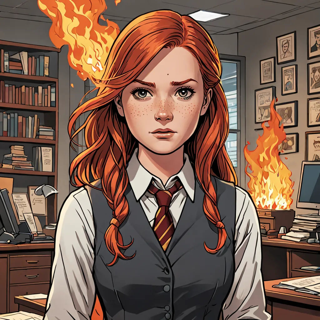 a woman in a tie and vest standing in a room with a fire in the background and a bookcase on fire, academic art, a comic book panel, Constance Gordon-Cumming, comic cover art