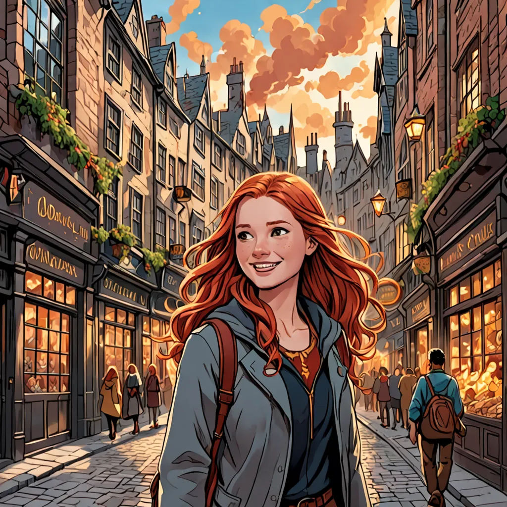 a woman with red hair is walking down a street in a city with buildings and people on either side, fantasy art, a comic book panel, Colin Middleton, comic cover art
