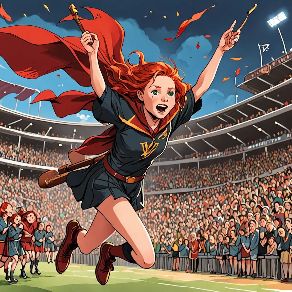 a woman in a red cape is running in a stadium with a crowd of people watching her and holding a flag, fantasy art, a comic book panel, Caroline Chariot-Dayez, official art