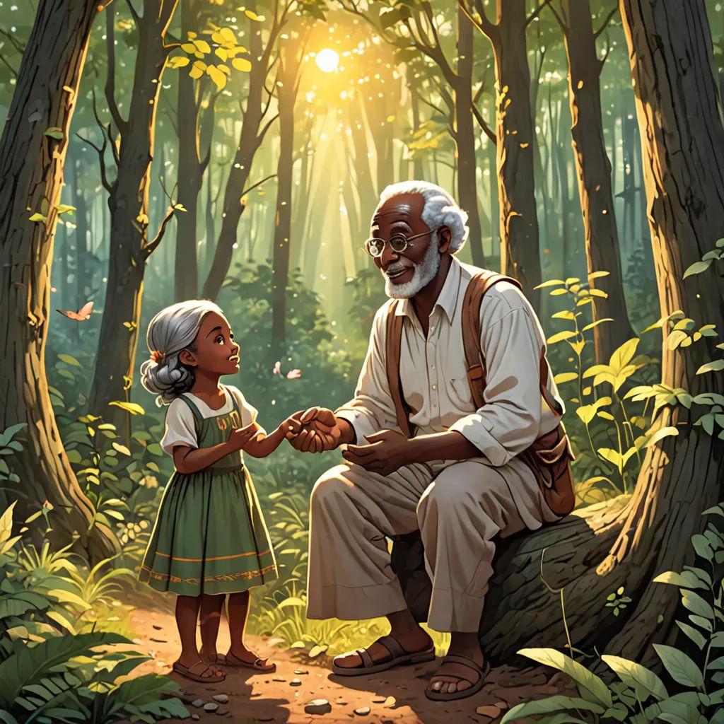 a painting of an old man and a young girl shaking hands in a forest with sunlight shining through the trees, magical realism, a storybook illustration, Ella Guru, storybook illustration