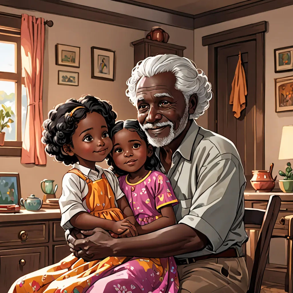 a man and a little girl sitting on a chair in a room with a window and a painting of an older man, american scene painting, a storybook illustration, Cliff Childs, storybook illustration