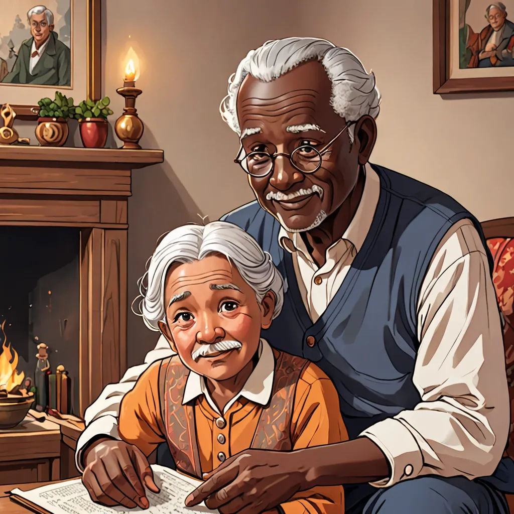 a man and a child sitting in front of a fireplace with a book in front of them and a picture of an elderly man, harlem renaissance, a storybook illustration, Elinor Proby Adams, storybook illustration