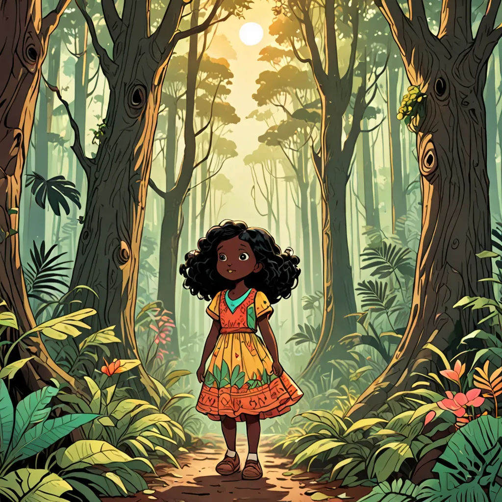 a cartoon girl in a forest with trees and plants around her, looking at the sun through the trees, afrofuturism, a storybook illustration, Chinwe Chukwuogo-Roy, comic cover art