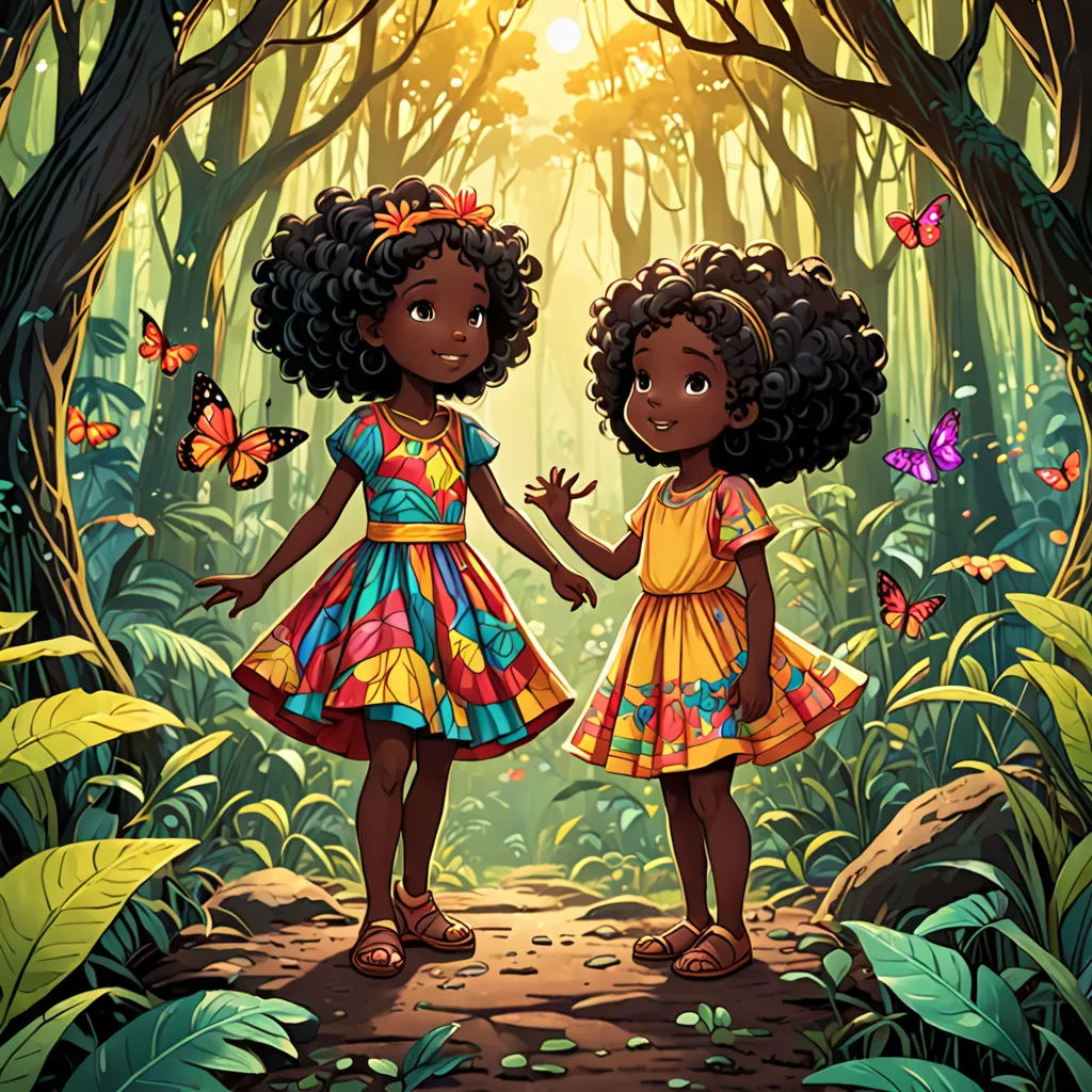 two young girls are standing in the woods holding hands and looking at each other with butterflies flying around them, afrofuturism, a storybook illustration, Chinwe Chukwuogo-Roy, comic cover art