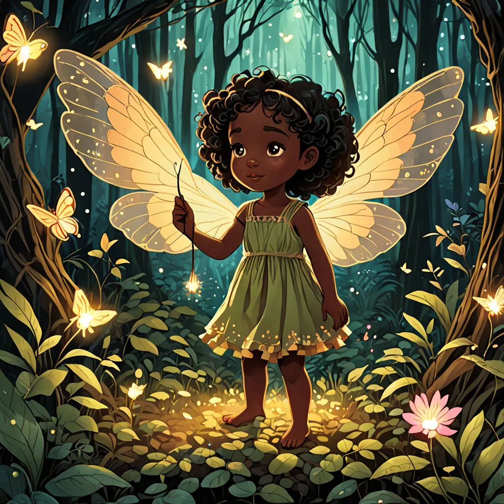 a little girl dressed as a fairy holding a wand in a forest with butterflies around her and a butterfly in her hand, fantasy art, a storybook illustration, Cliff Childs, fireflies
