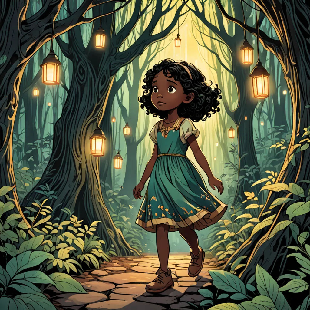 a girl in a blue dress standing in a forest with lanterns hanging from the trees and a path leading to a forest with trees, magical realism, a storybook illustration, Cliff Childs, comic cover art