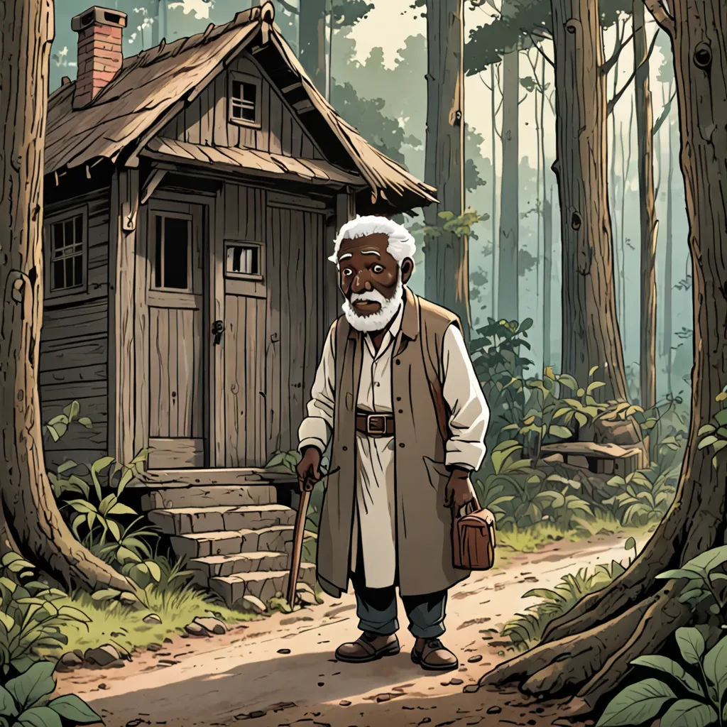 a man with a beard and a beard standing in front of a cabin in the woods with a cane, les automatistes, a character portrait, Asaf Hanuka, official art