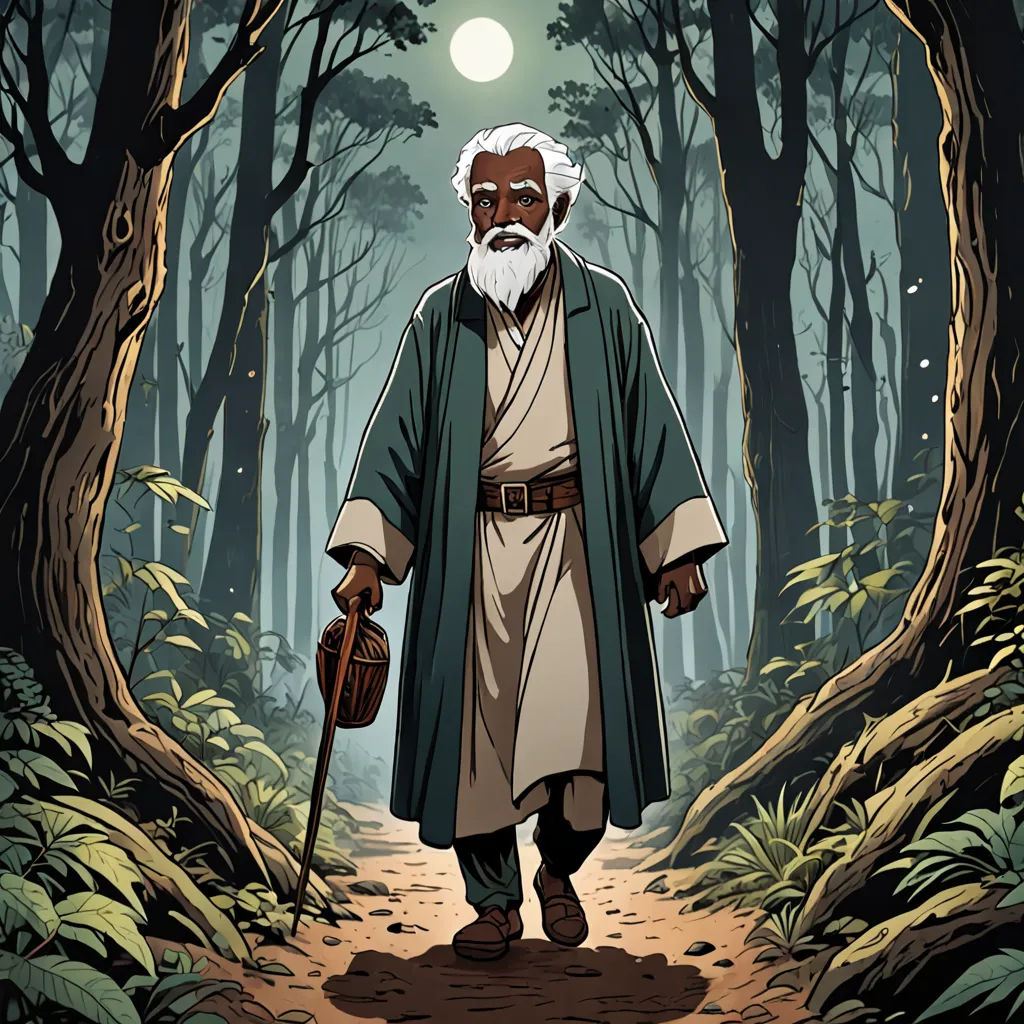 a man with a beard and a long coat walking through a forest with a staff in his hand and a full moon in the background, rayonism, a character portrait, Asaf Hanuka, comic cover art