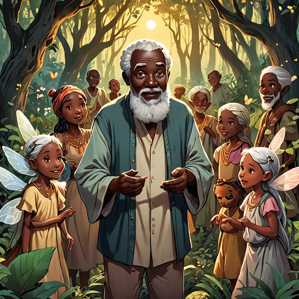 a man standing in front of a group of children in a forest with a light shining on him and a forest background, magical realism, a storybook illustration, Asaf Hanuka, official art