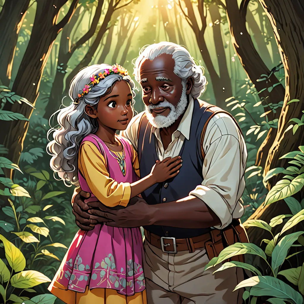 a man and a girl standing in a forest with sunlight shining through the trees and leaves on the ground, fantasy art, a storybook illustration, Ella Guru, comic cover art
