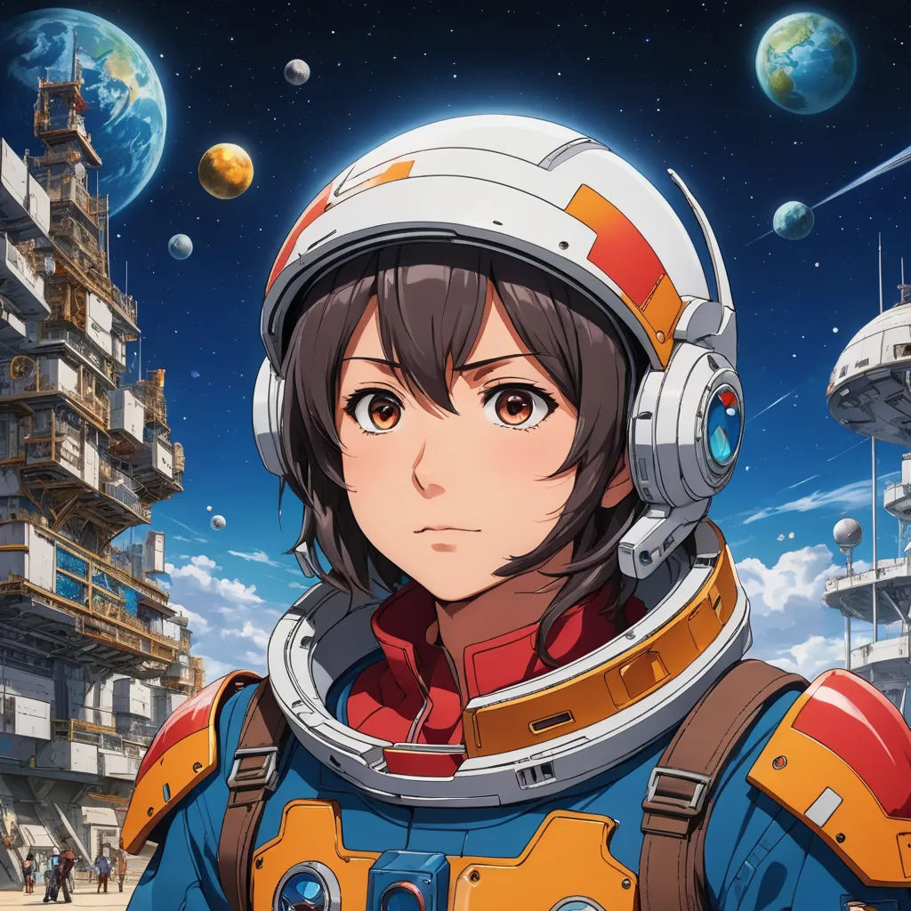 a woman in a space suit standing in front of a space station with planets and a building in the background, space art, poster art, Aguri Uchida, official art