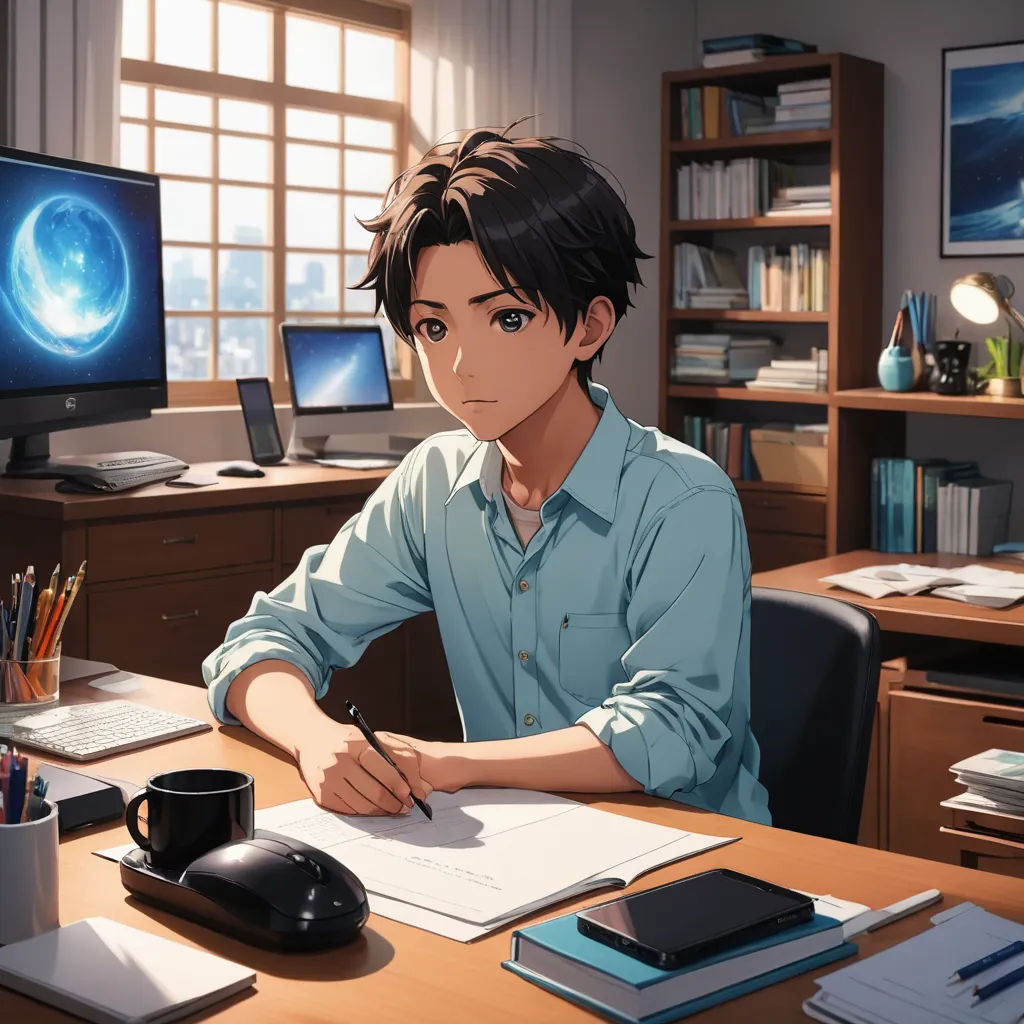 a man sitting at a desk with a computer and a mouse in front of him and a book on the desk, sots art, computer graphics, Armin Hansen, official art