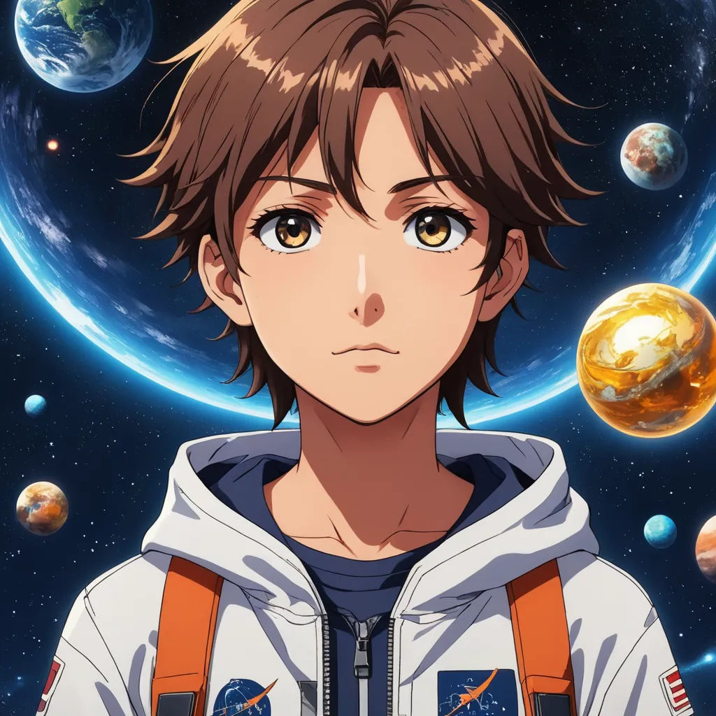 a man in a space suit with planets around him and a gold ball in the air behind him,, space art, poster art, Eizan Kikukawa, anime key visual