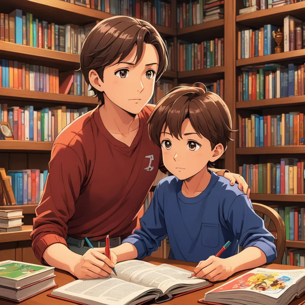 a man and a boy sitting at a table in front of a bookcase with books on it and a book, sots art, a storybook illustration, Brothers Hildebrandt, official art