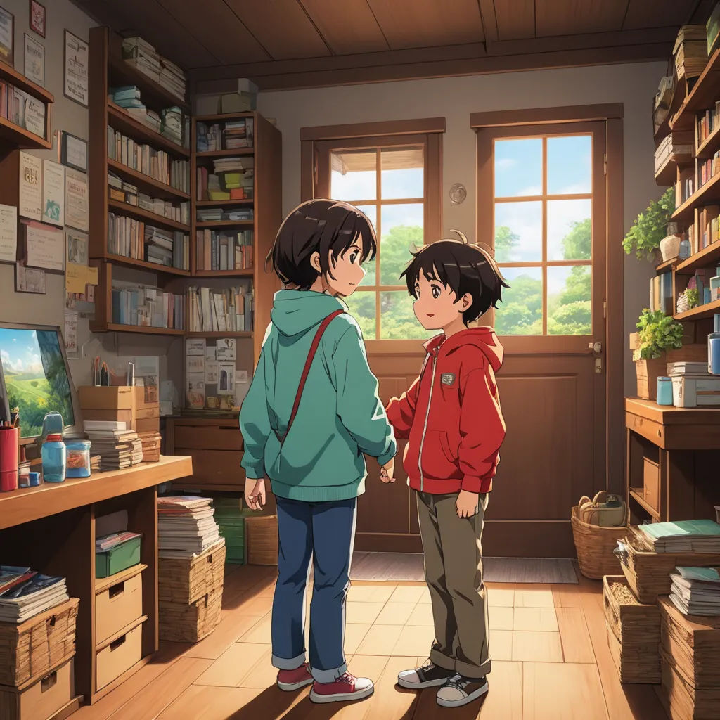 a couple of people standing in a room with a window and a book shelf full of books and books, magic realism, a storybook illustration, Art & Language, official art