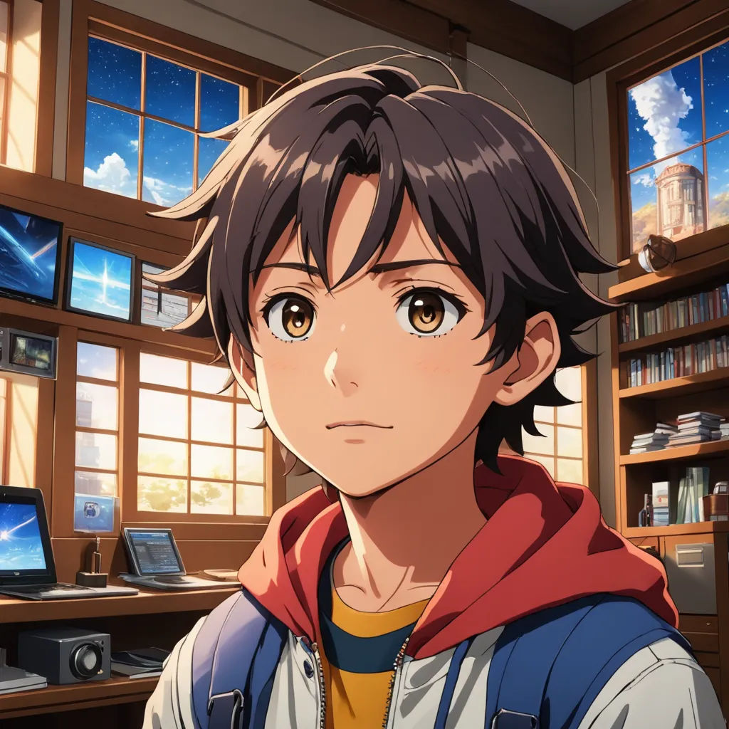 a man in a room with a laptop and a book shelf with books on it and a window with a sky background, space art, a character portrait, Adam Manyoki, official art