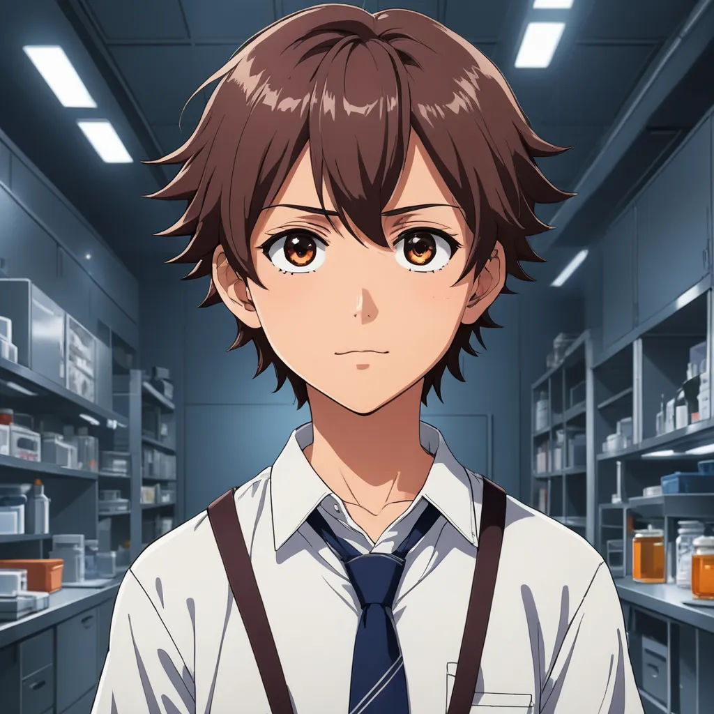 a man in a tie and shirt in a room with shelves of shelves and shelves of bottles and jars, remodernism, a character portrait, Aguri Uchida, official art