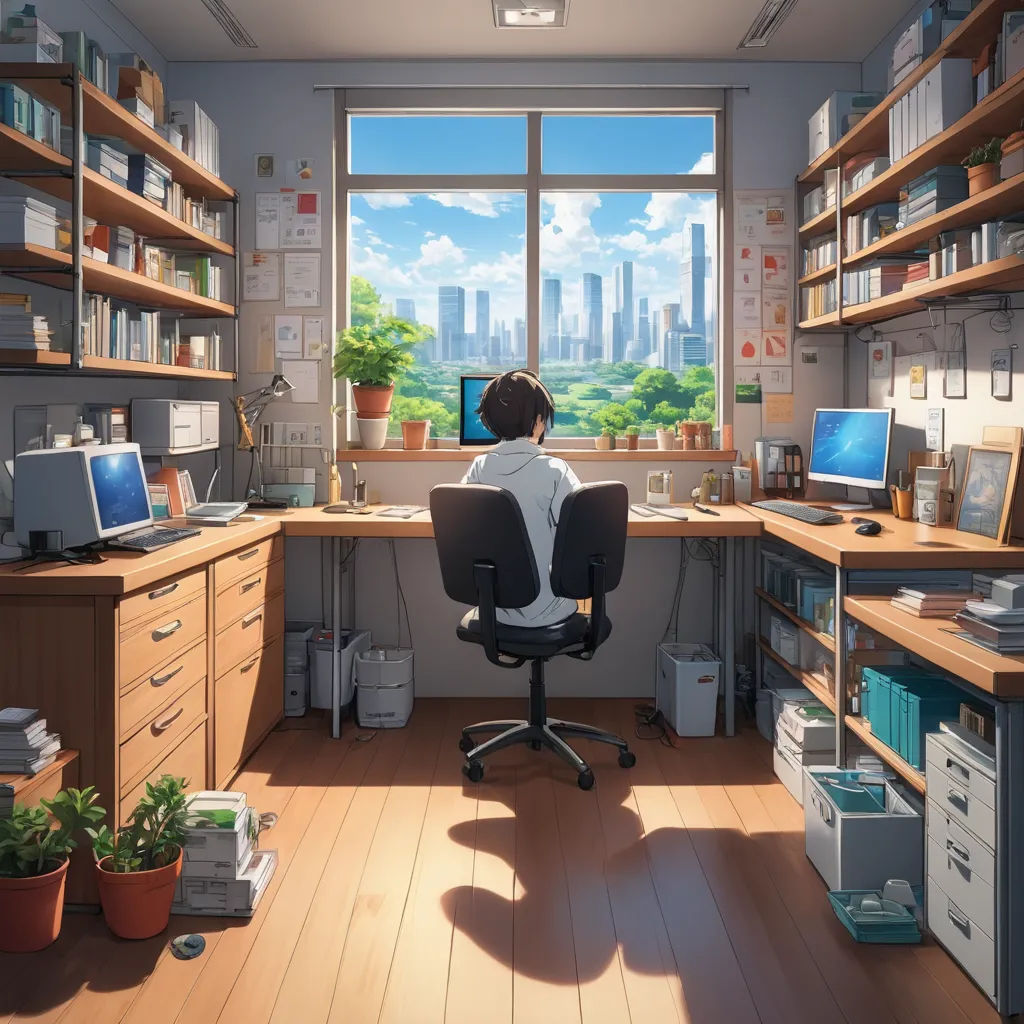 a person sitting at a desk in a room with a lot of shelves and a window with a view of the city, remodernism, computer graphics, artist, kyoto studio
