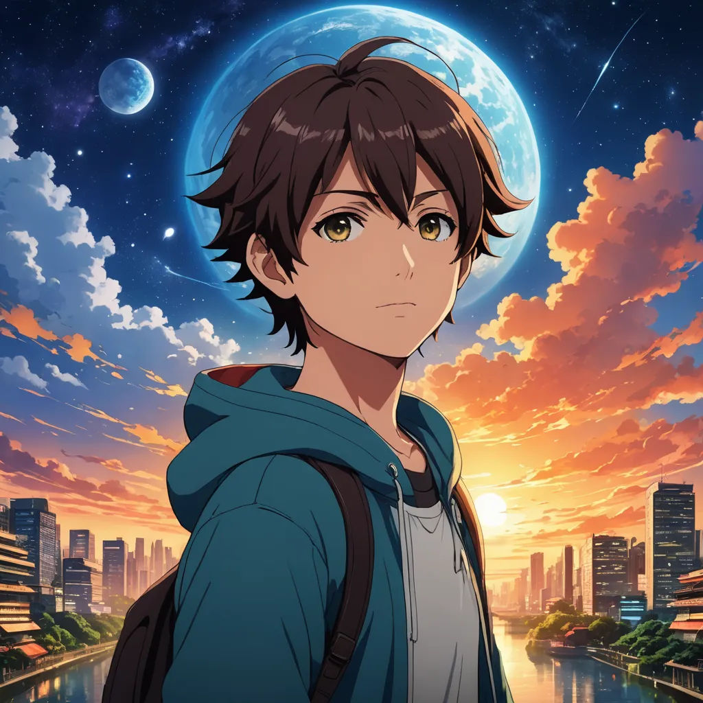 a man in a hoodie standing in front of a cityscape with a full moon in the background, space art, poster art, Ai-Mitsu, anime key visual