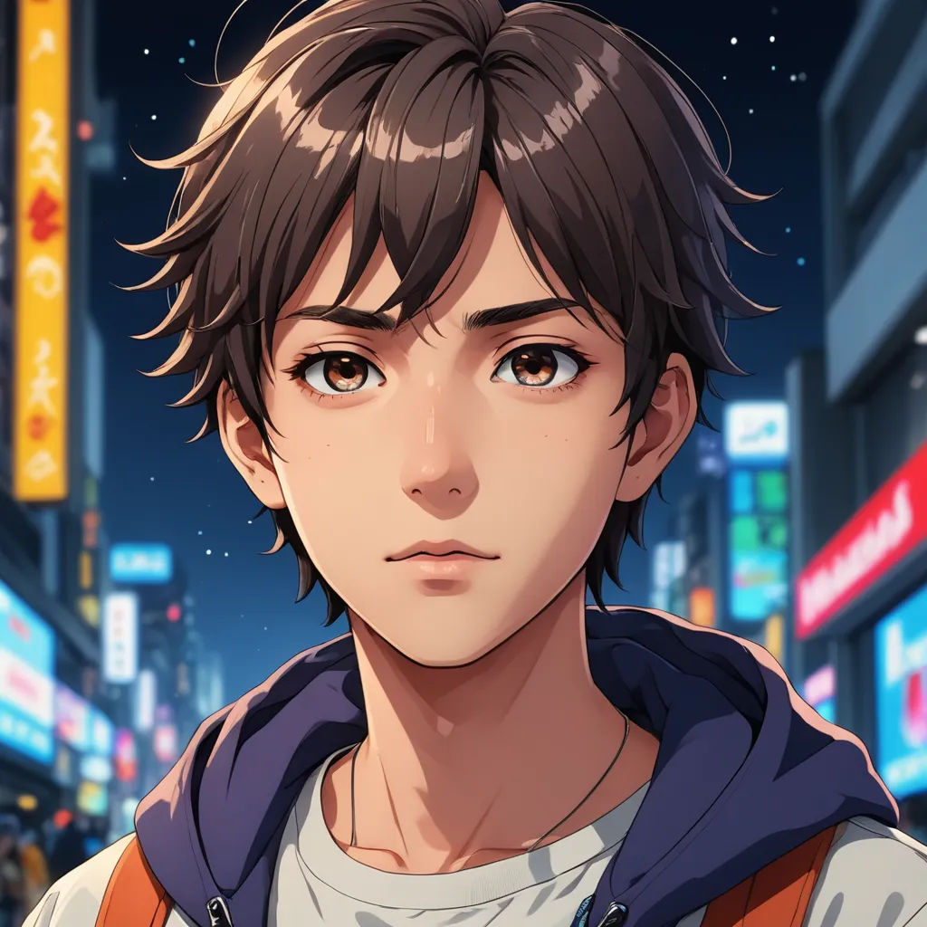 a man with a hoodie on in a city at night with neon lights and a cityscape in the background, sots art, a character portrait, Adam Manyoki, official art
