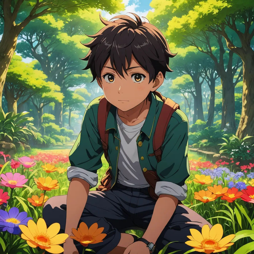 a boy sitting in a field of flowers with a backpack on his back and a forest in the background, sots art, a character portrait, Adam Manyoki, official art